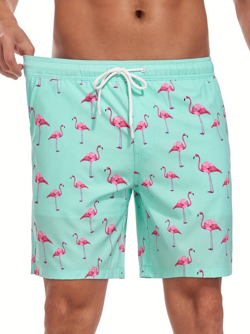 Men's Flamingo Print Beach Summer Swim Shorts Front