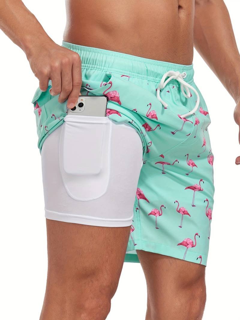 Men's Flamingo Print Beach Summer Swim Shorts Side