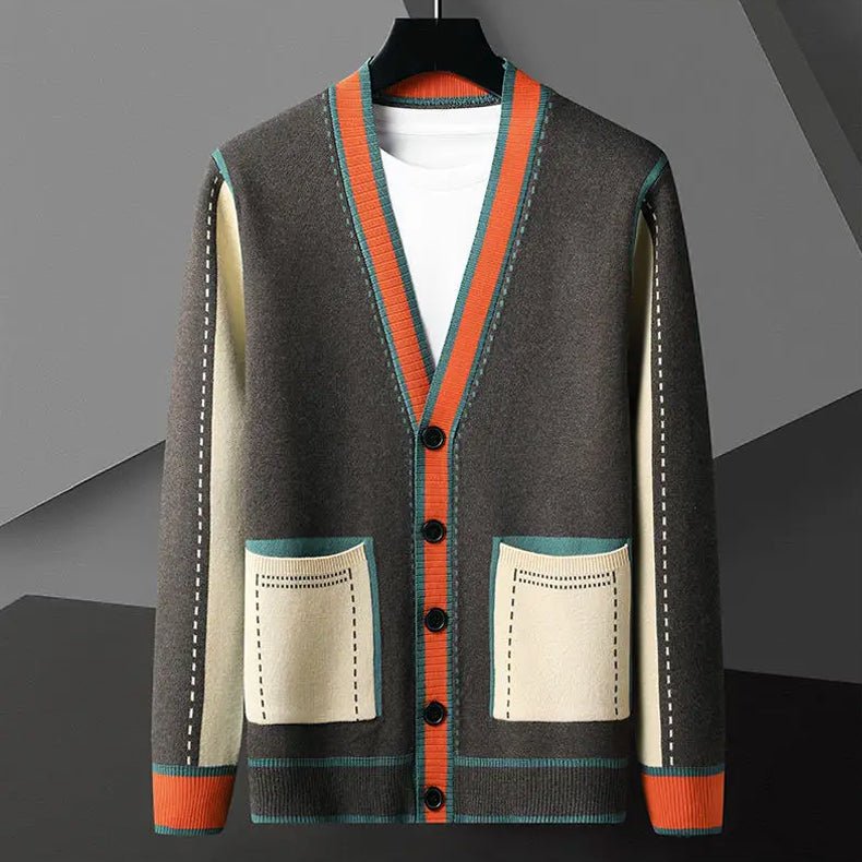 Men's Geometric Knit Cardigan | Contrast Stripe Merino Wool Front