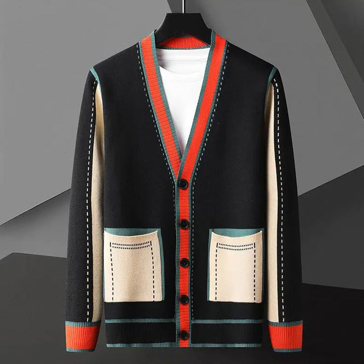 Men's Geometric Knit Cardigan | Contrast Stripe Merino Wool Hero