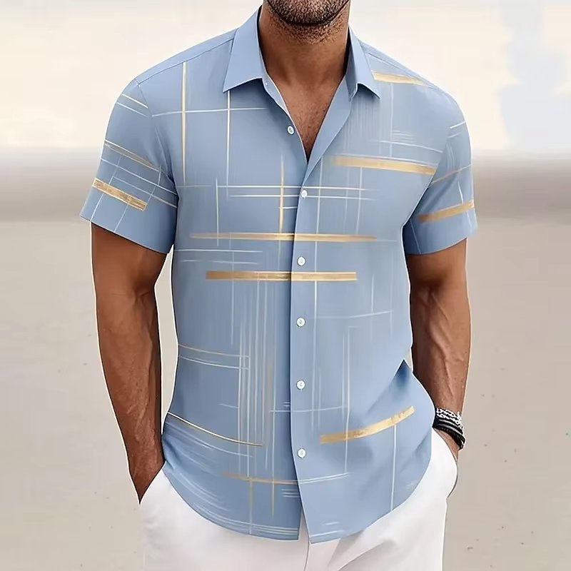Men's Geometric Plaid Short Sleeve Button Shirt Back