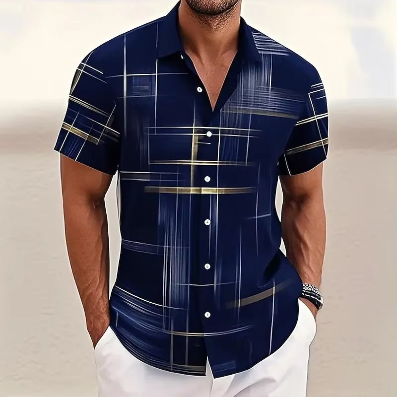 Men's Geometric Plaid Short Sleeve Button Shirt Hero