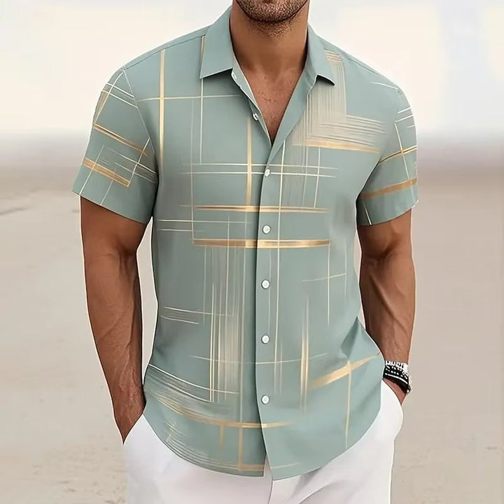 Men's Geometric Plaid Short Sleeve Button Shirt Side