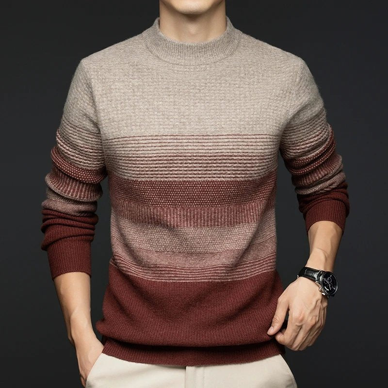 Men's Gradient Stripe Wool Sweater | Round Neck Relaxed Fit Detail