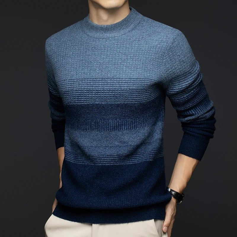 Men's Gradient Stripe Wool Sweater | Round Neck Relaxed Fit Front