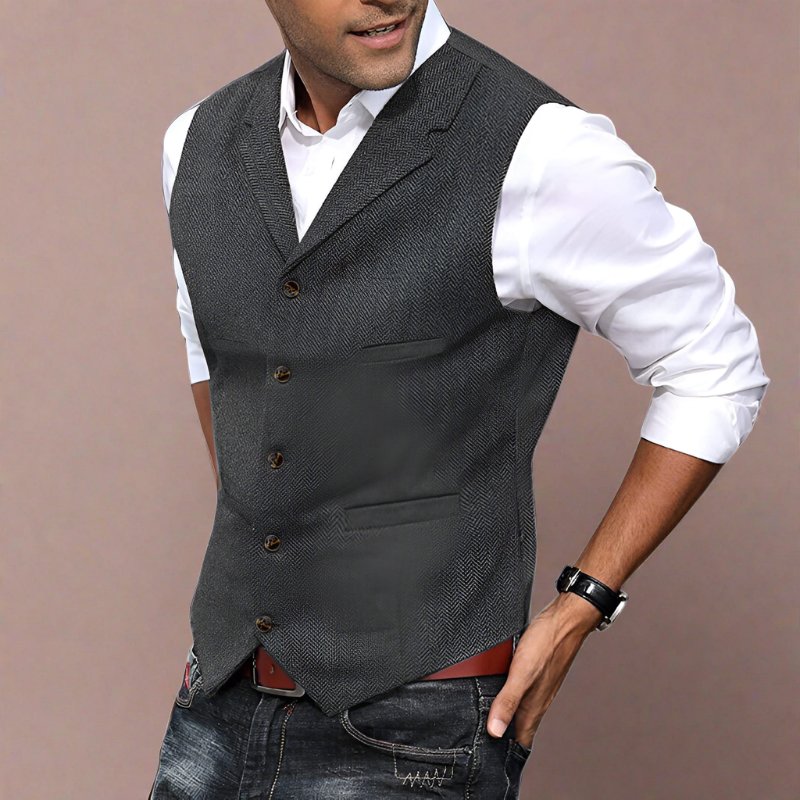 Men's Herringbone Longline V-Neck Vest | Formal Suit Angle