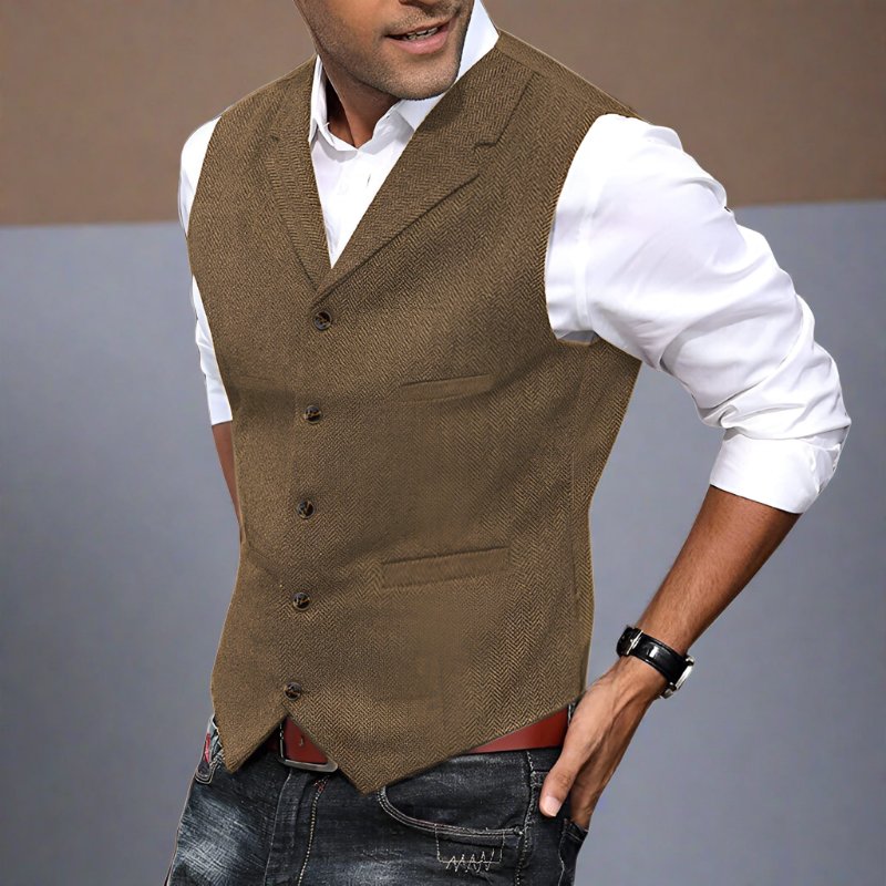 Men's Herringbone Longline V-Neck Vest | Formal Suit Close Up