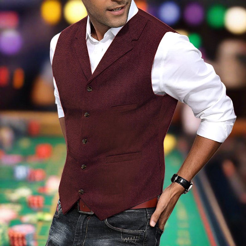 Men's Herringbone Longline V-Neck Vest | Formal Suit Side
