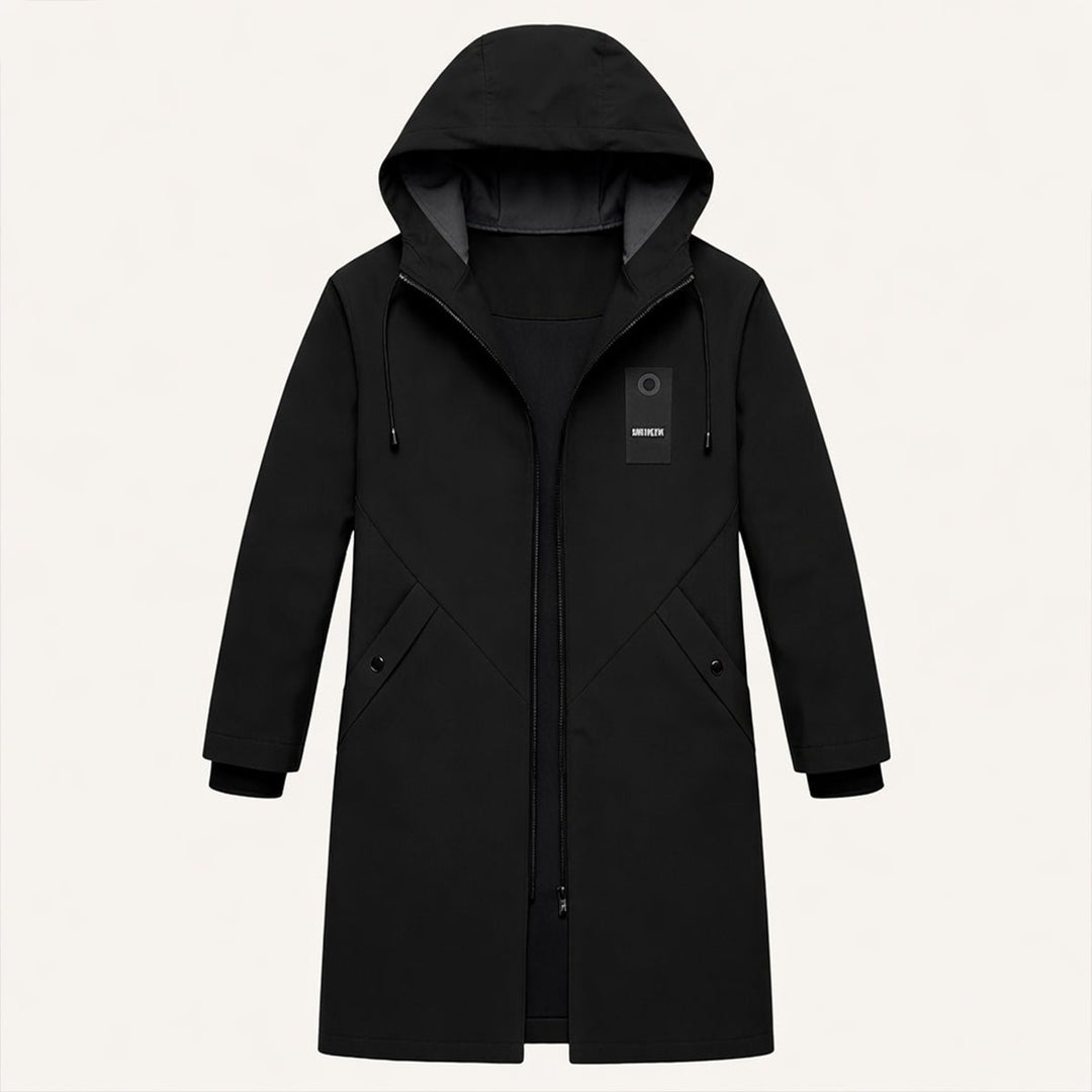 Men's Hooded Windproof Long Rain Jacket | Waterproof Diagonal Pocket Back