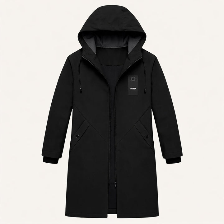 Men's Hooded Windproof Long Rain Jacket | Waterproof Diagonal Pocket Back