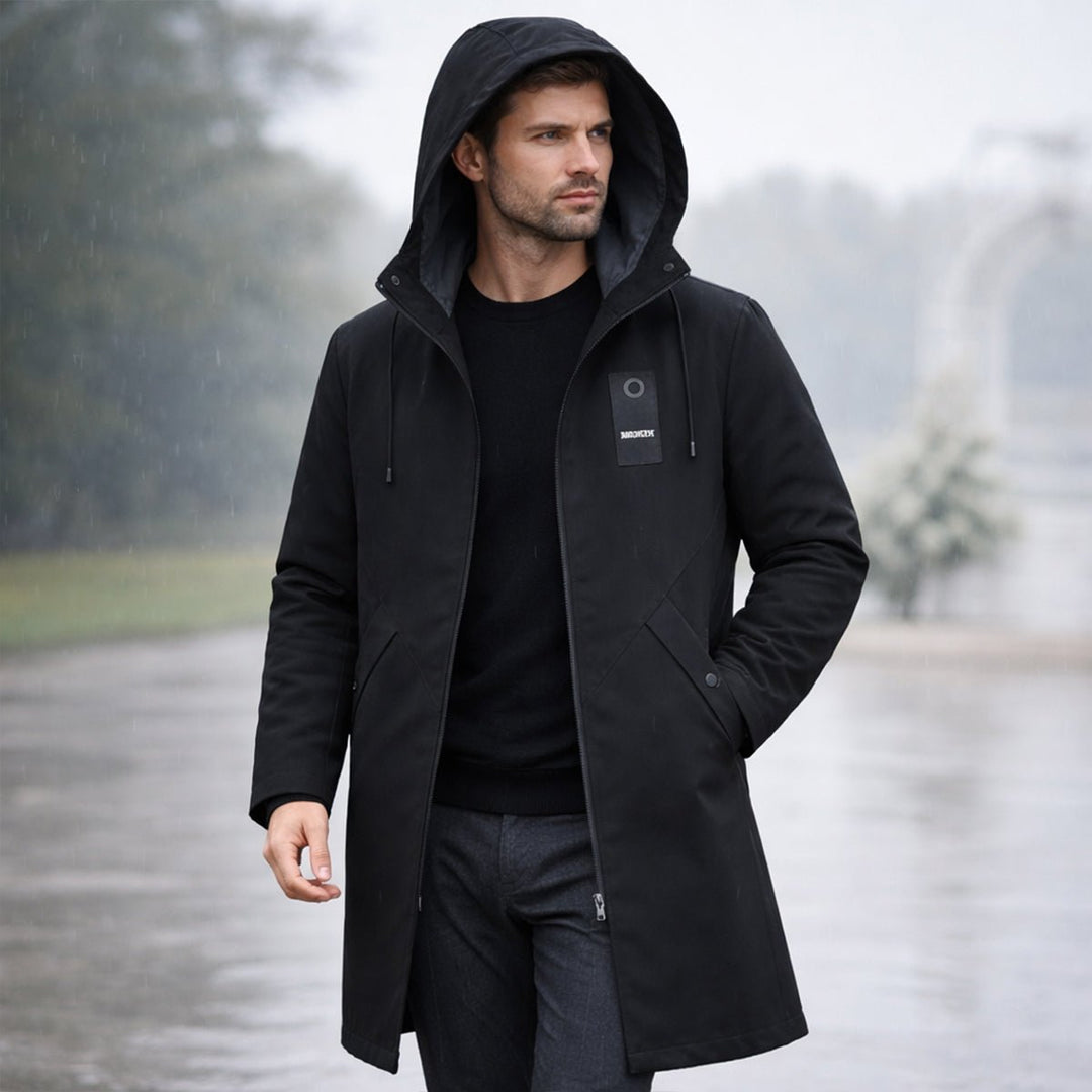 Men's Hooded Windproof Long Rain Jacket | Waterproof Diagonal Pocket Close Up