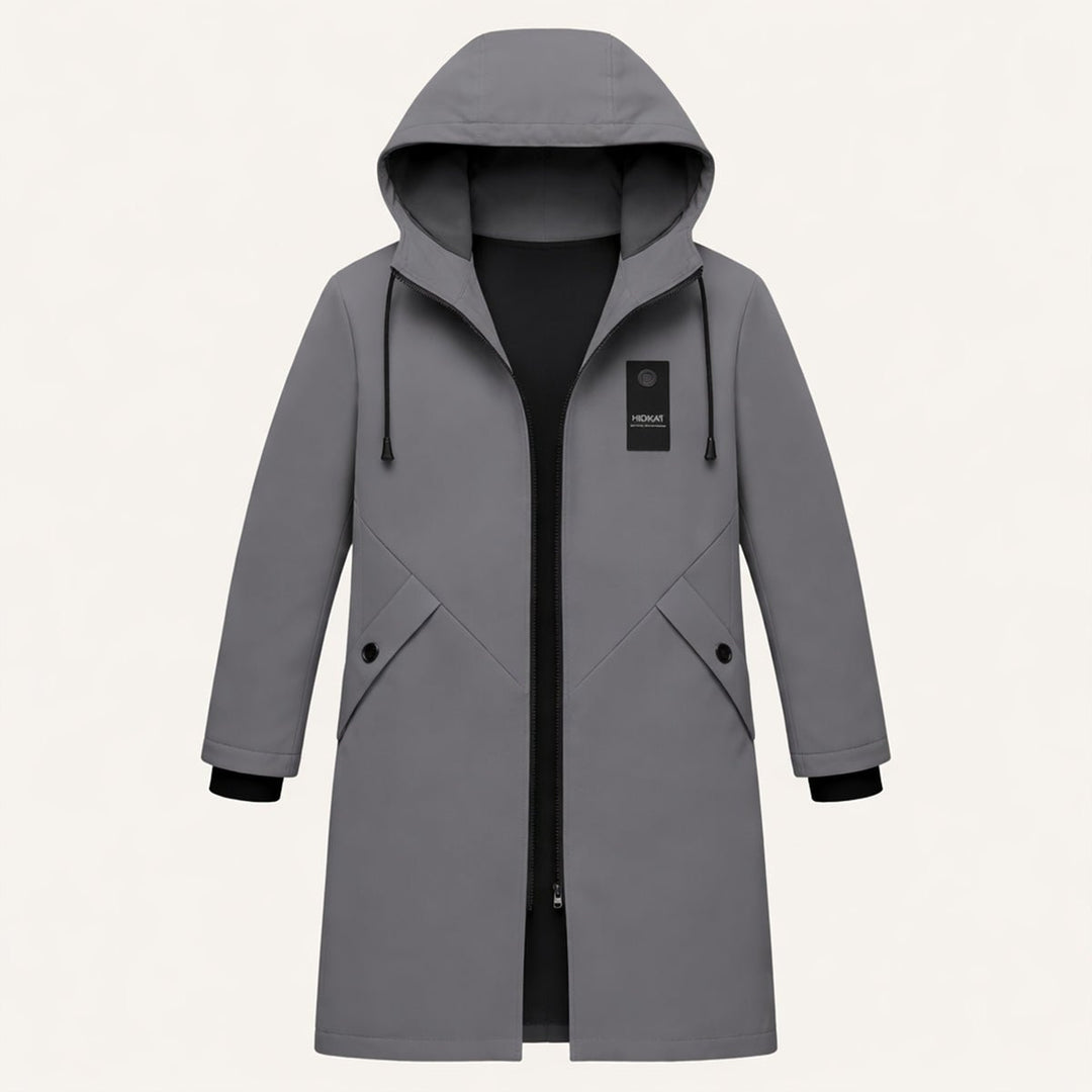 Men's Hooded Windproof Long Rain Jacket | Waterproof Diagonal Pocket Detail