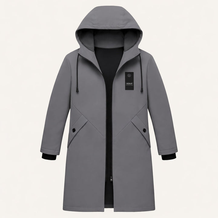 Men's Hooded Windproof Long Rain Jacket | Waterproof Diagonal Pocket Detail