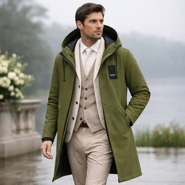 Men's Hooded Windproof Long Rain Jacket | Waterproof Diagonal Pocket Front