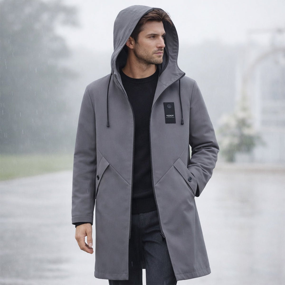 Men's Hooded Windproof Long Rain Jacket | Waterproof Diagonal Pocket Side