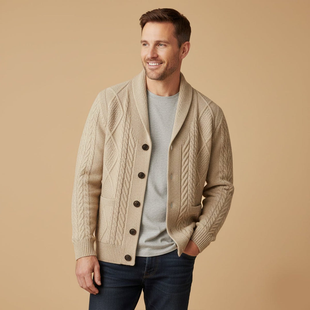 Men's Knit Cardigan Sweater | Shawl Collar Relaxed Fit Close Up