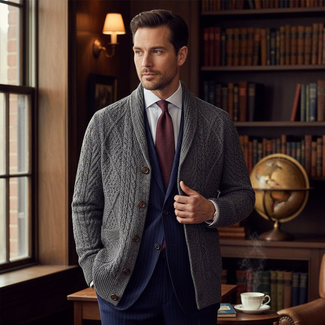 Men's Knit Cardigan Sweater | Shawl Collar Relaxed Fit View 11