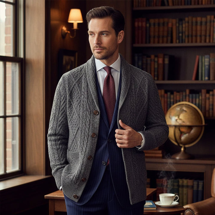 Men's Knit Cardigan Sweater | Shawl Collar Relaxed Fit View 11