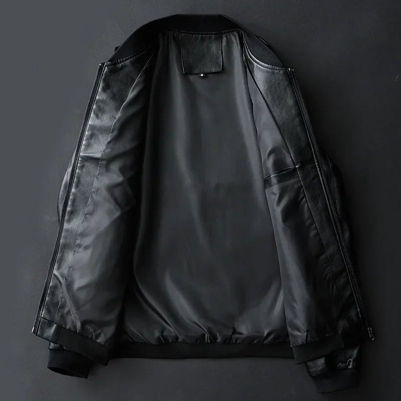 Men's Leather Bomber Jacket | Ribbed Collar Zip Front Back