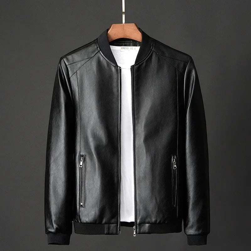 Men's Leather Bomber Jacket | Ribbed Collar Zip Front Detail