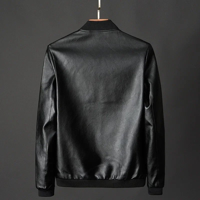 Men's Leather Bomber Jacket | Ribbed Collar Zip Front Side