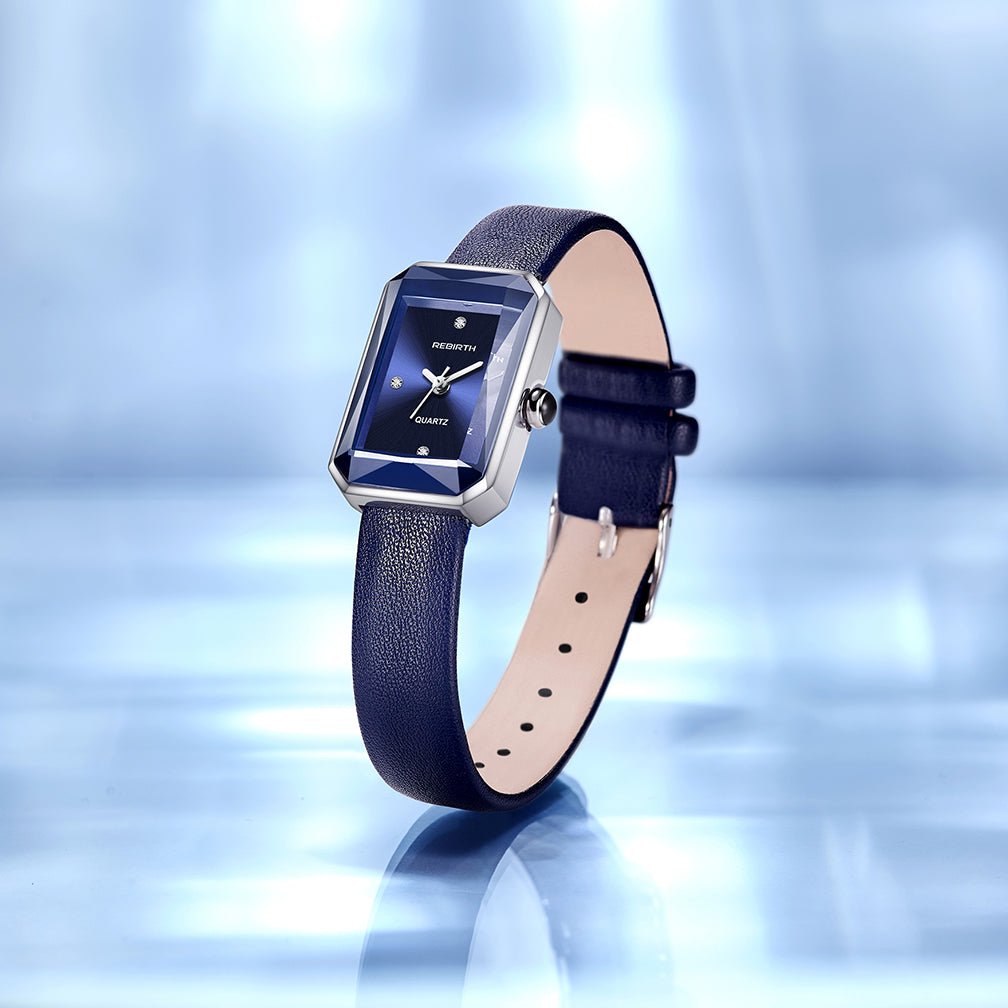 Men's Leather Strap Rectangle Watch | Faceted Bezel Alternate