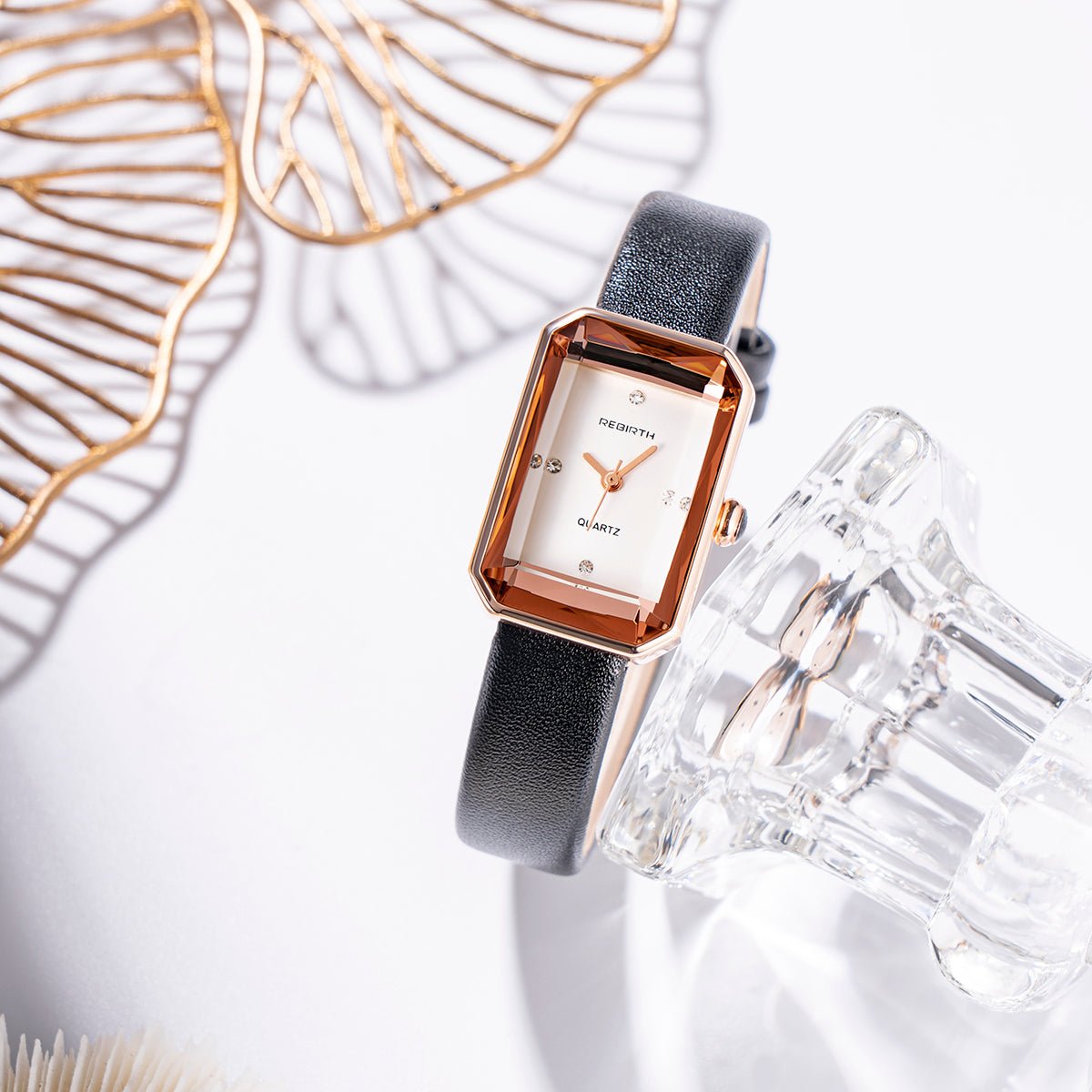 Men's Leather Strap Rectangle Watch | Faceted Bezel Angle