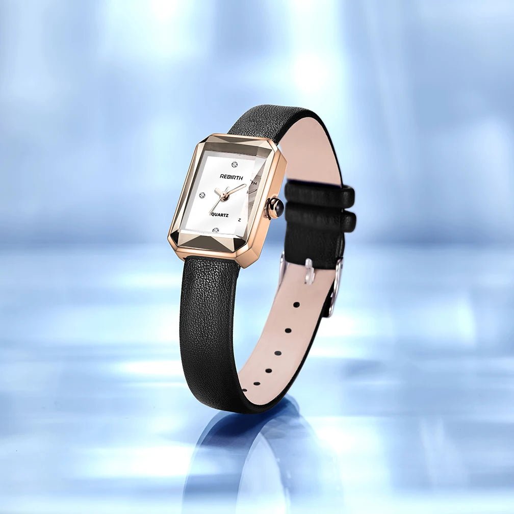 Men's Leather Strap Rectangle Watch | Faceted Bezel Back