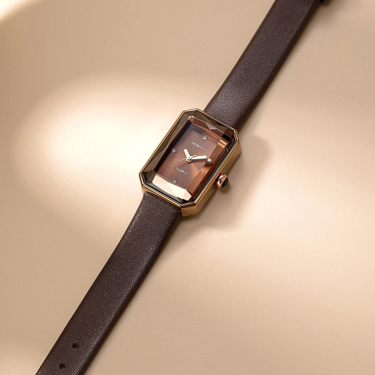 Men's Leather Strap Rectangle Watch | Faceted Bezel Detail