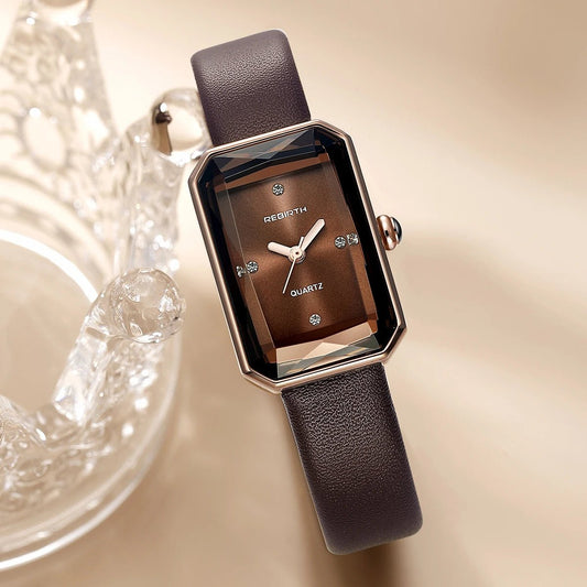 Men's Leather Strap Rectangle Watch | Faceted Bezel Front