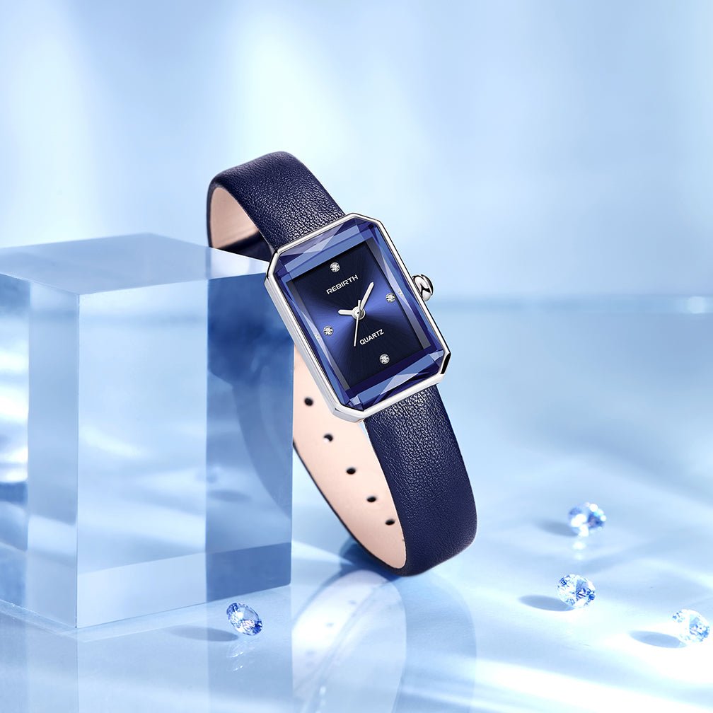 Men's Leather Strap Rectangle Watch | Faceted Bezel Full