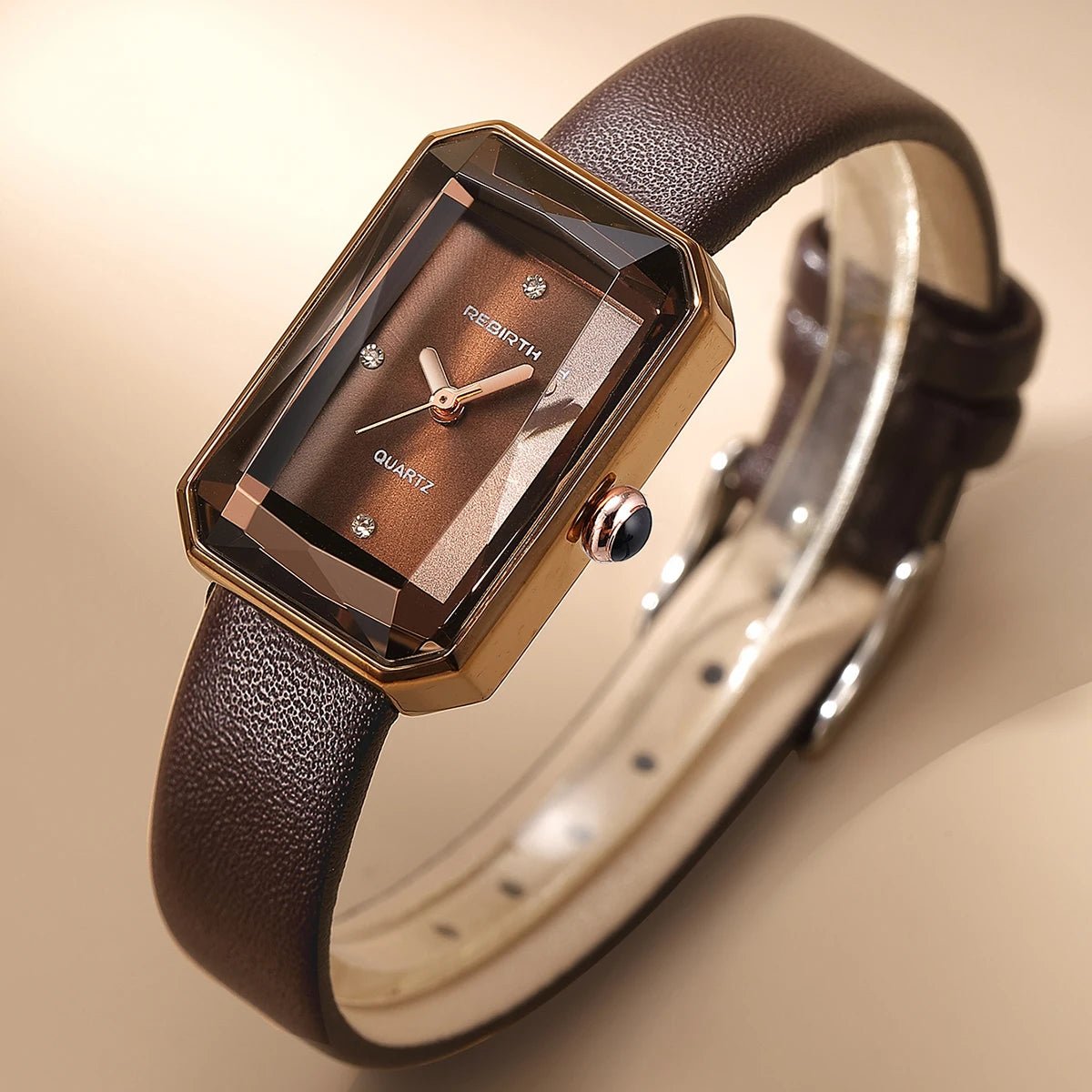Men's Leather Strap Rectangle Watch | Faceted Bezel Hero