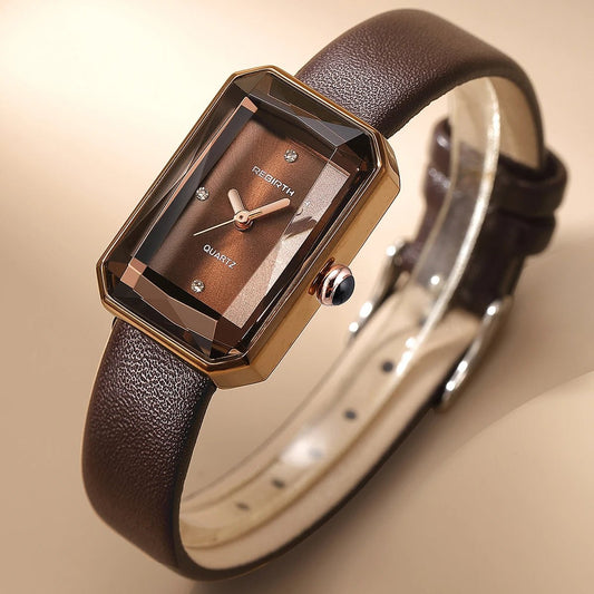 Men's Leather Strap Rectangle Watch | Faceted Bezel Hero