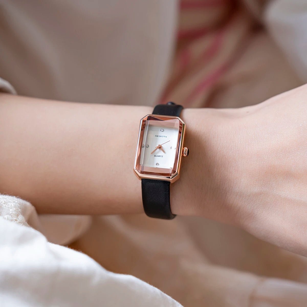 Men's Leather Strap Rectangle Watch | Faceted Bezel Lifestyle