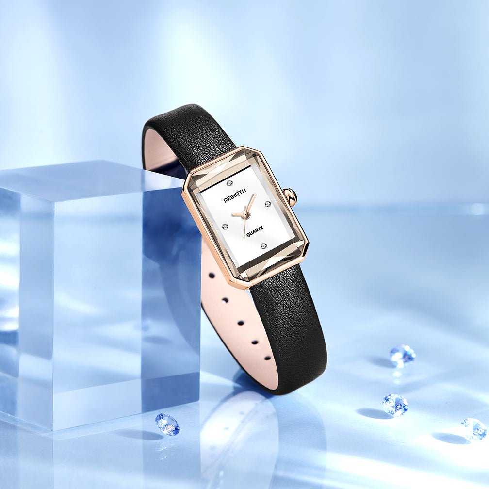 Men's Leather Strap Rectangle Watch | Faceted Bezel Side