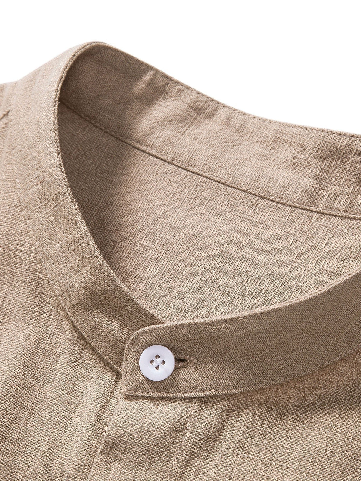 Men's Linen Band Collar Co-Ord Set | Shirt & Trousers Close Up