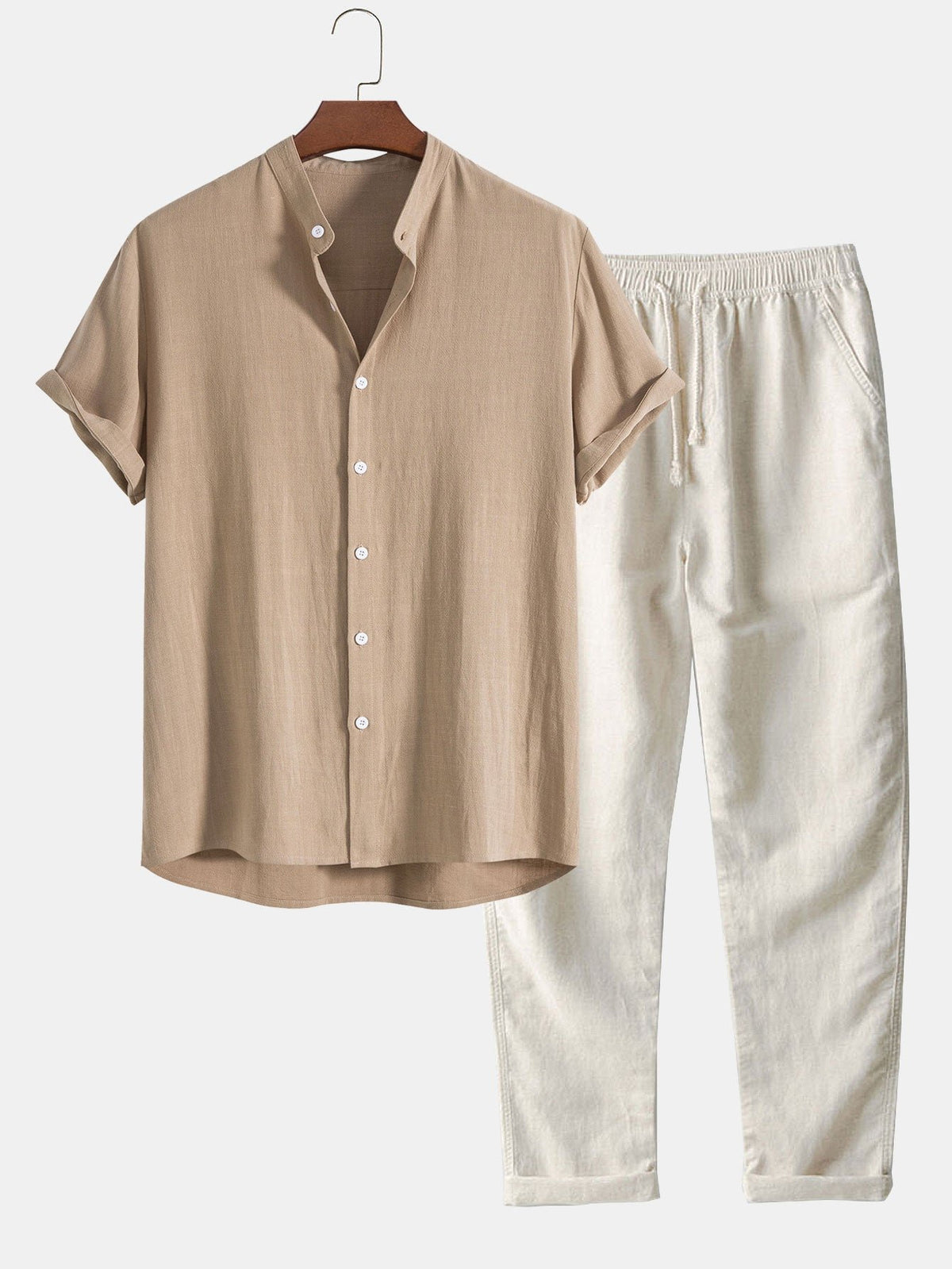 Men's Linen Band Collar Co-Ord Set | Shirt & Trousers Detail