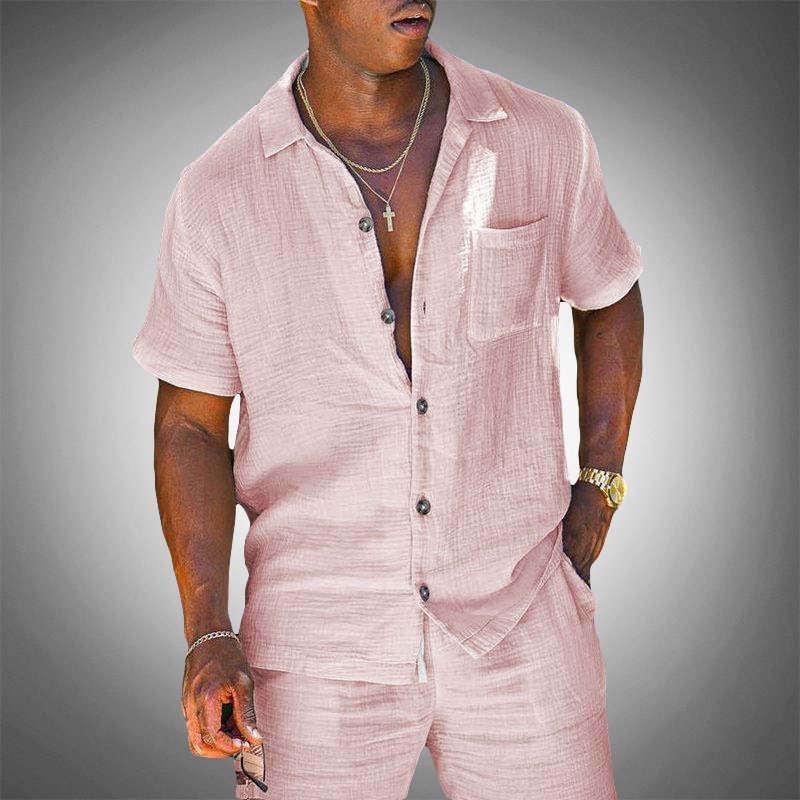 Men's Linen Blend Short Sleeve Loungewear Set | Crinkled Texture Detail