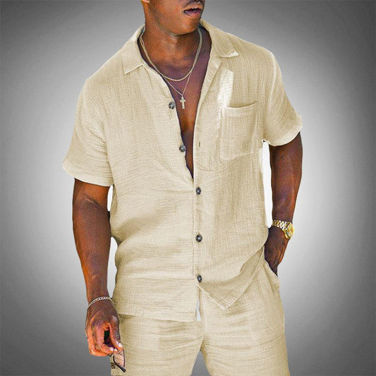 Men's Linen Blend Short Sleeve Loungewear Set | Crinkled Texture Front