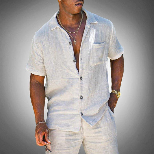 Men's Linen Blend Short Sleeve Loungewear Set | Crinkled Texture Hero
