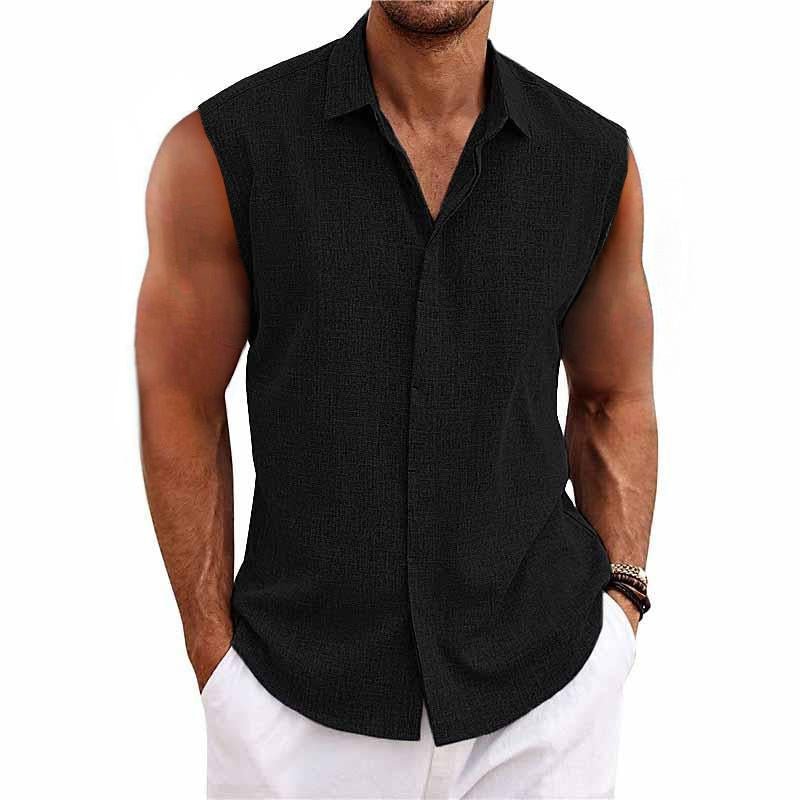Men's Linen Blend Sleeveless Button-Down Shirt | Relaxed Fit Back