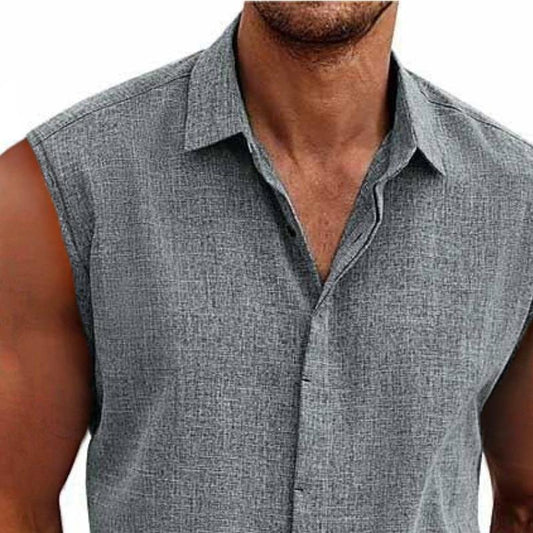 Men's Linen Blend Sleeveless Button-Down Shirt | Relaxed Fit Front