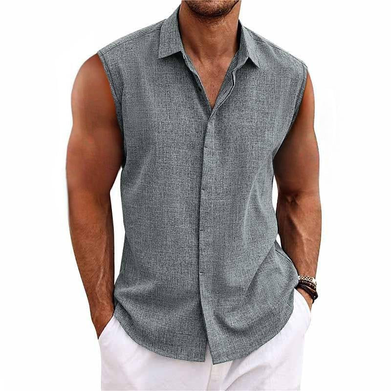 Men's Linen Blend Sleeveless Button-Down Shirt | Relaxed Fit Hero