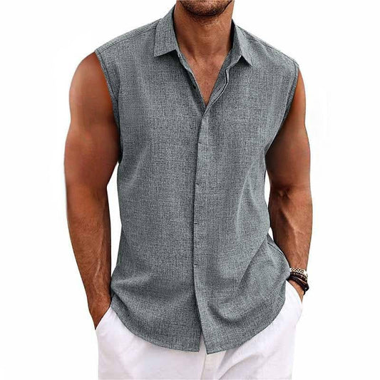 Men's Linen Blend Sleeveless Button-Down Shirt | Relaxed Fit Hero