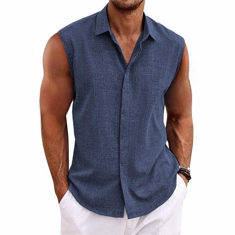 Men's Linen Blend Sleeveless Button-Down Shirt | Relaxed Fit Side
