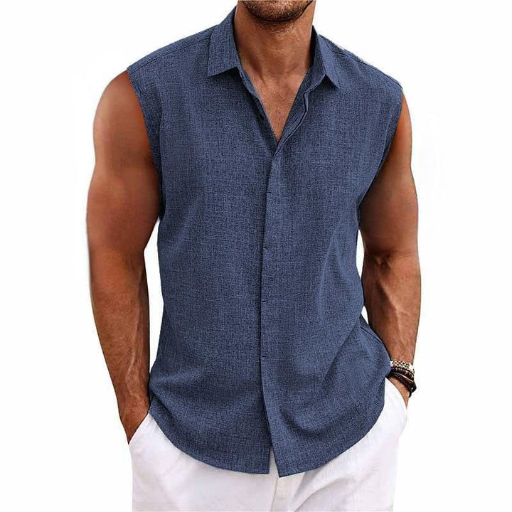Men's Linen Blend Sleeveless Button-Down Shirt | Relaxed Fit Side