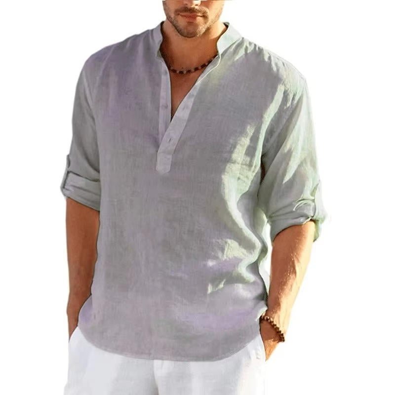 Men's Linen Henley Shirt | Rolled Sleeves Back