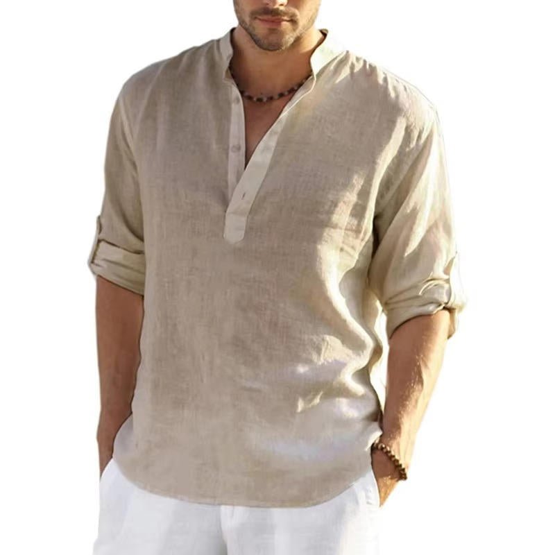 Men's Linen Henley Shirt | Rolled Sleeves Front