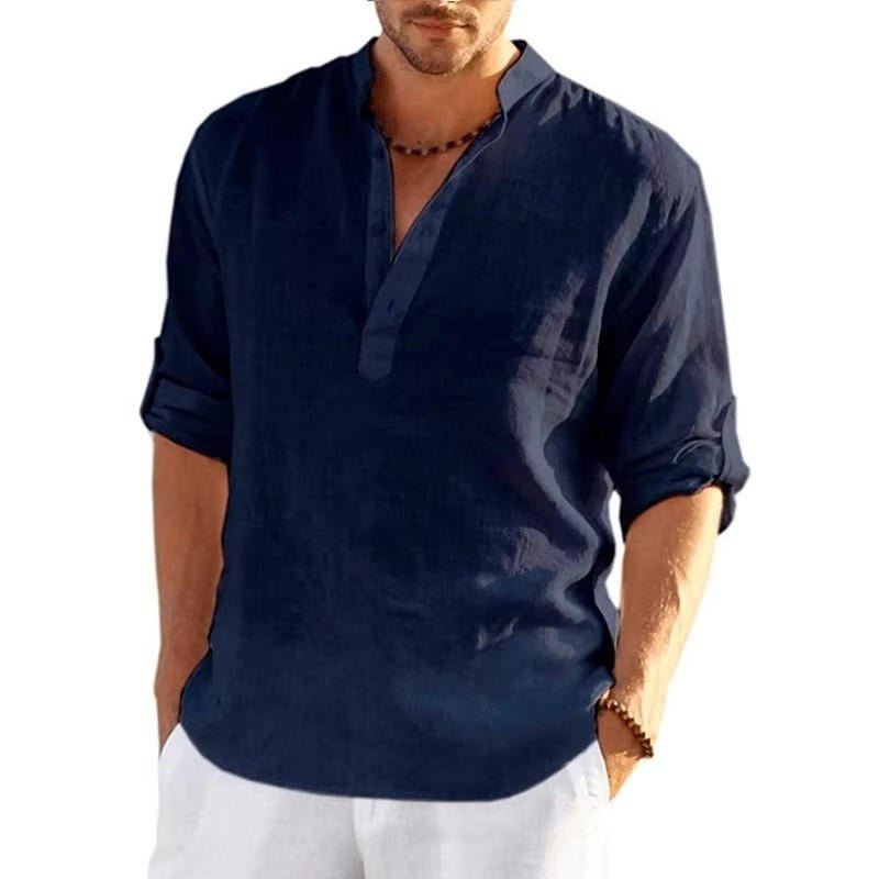 Men's Linen Henley Shirt | Rolled Sleeves Full