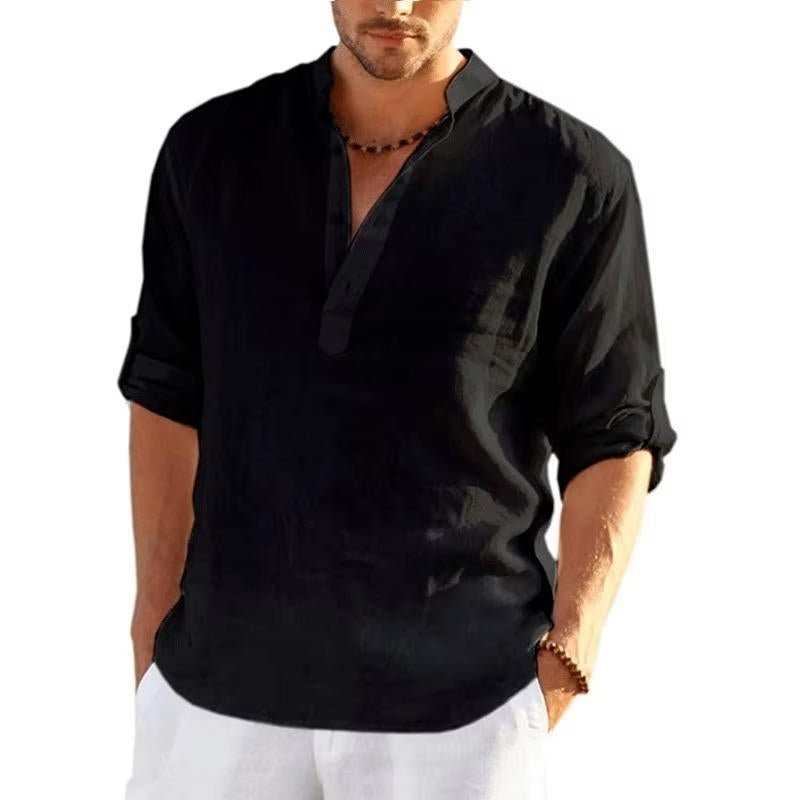 Men's Linen Henley Shirt | Rolled Sleeves Side